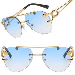 Panther Head Accents Luxe Bold Blue Lens Mens Womens Gold Square Sunglasses